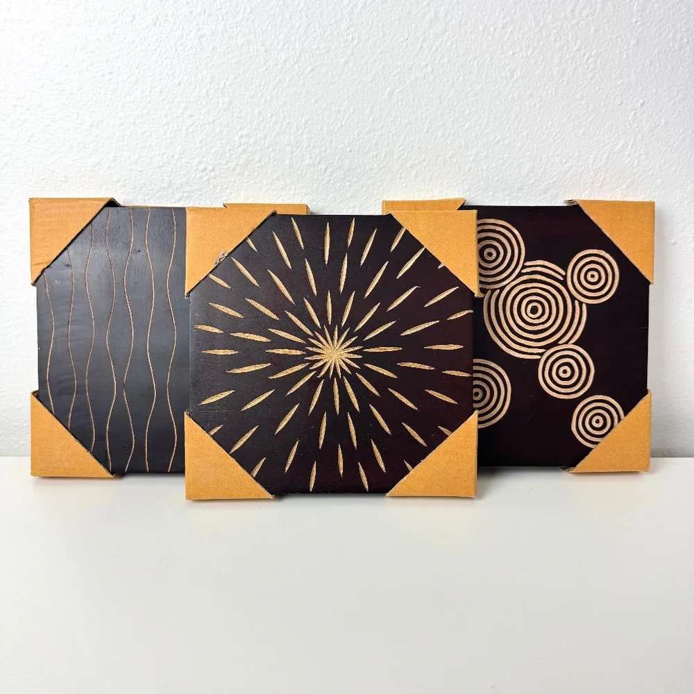 Set of 3 World Market Square Wall Art Plaques Carved Wood Made in Thailand